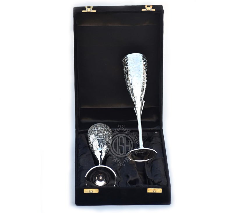 Dsh Silver Wine Glass Set Champagne Glass Flute Design | Goblet Glass Best For Parties, Set Of 2 (Silver) - 200 Ml - Image 1