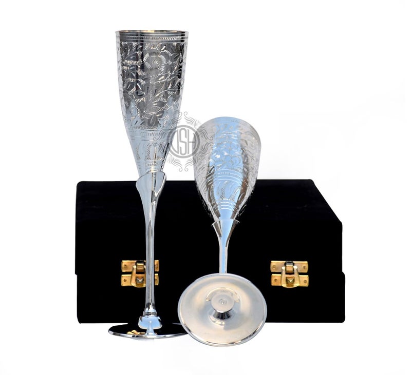 Dsh Silver Wine Glass Set Champagne Glass Flute Design | Goblet Glass Best For Parties, Set Of 2 (Silver) - 200 Ml - Image 3
