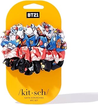 Kitsch x BT21 Satin Scrunchies for Women No Crease Hair Ties for Girls Scrunchies For All Hair Types and Textures Perfect for Day or Night 4 Pcs - Image 1