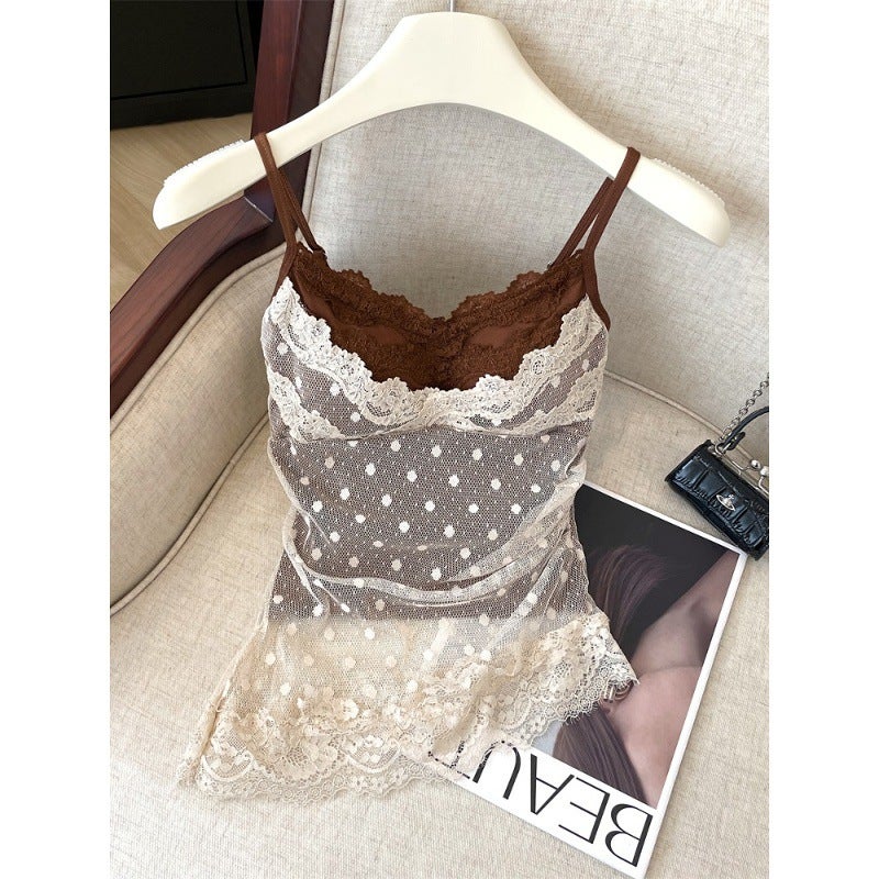 Polka Dot Lace Camisole Top with Padded Bust for Women - Image 1