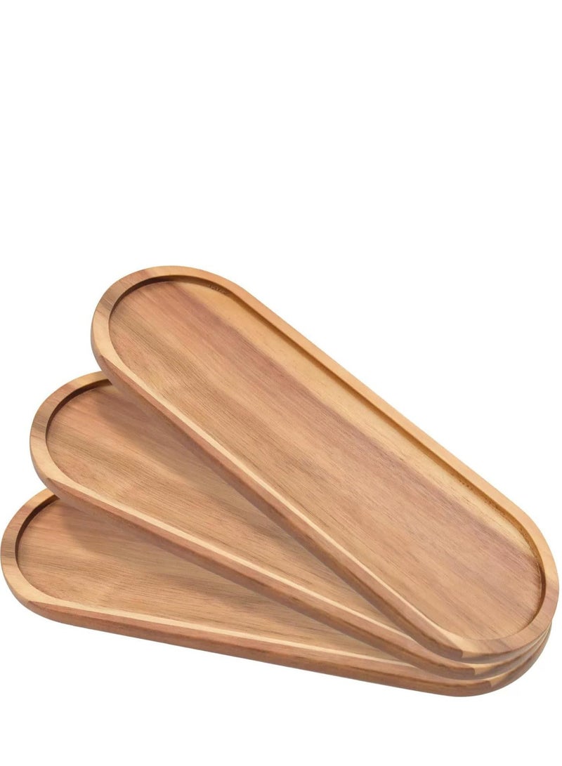 مجموعة من 3 علون خشبية أكاسيا ، علون خدمة بيضاوية ، أطباق ديكورية للفواكه والسلطة والجبن والقهوة - Image 1