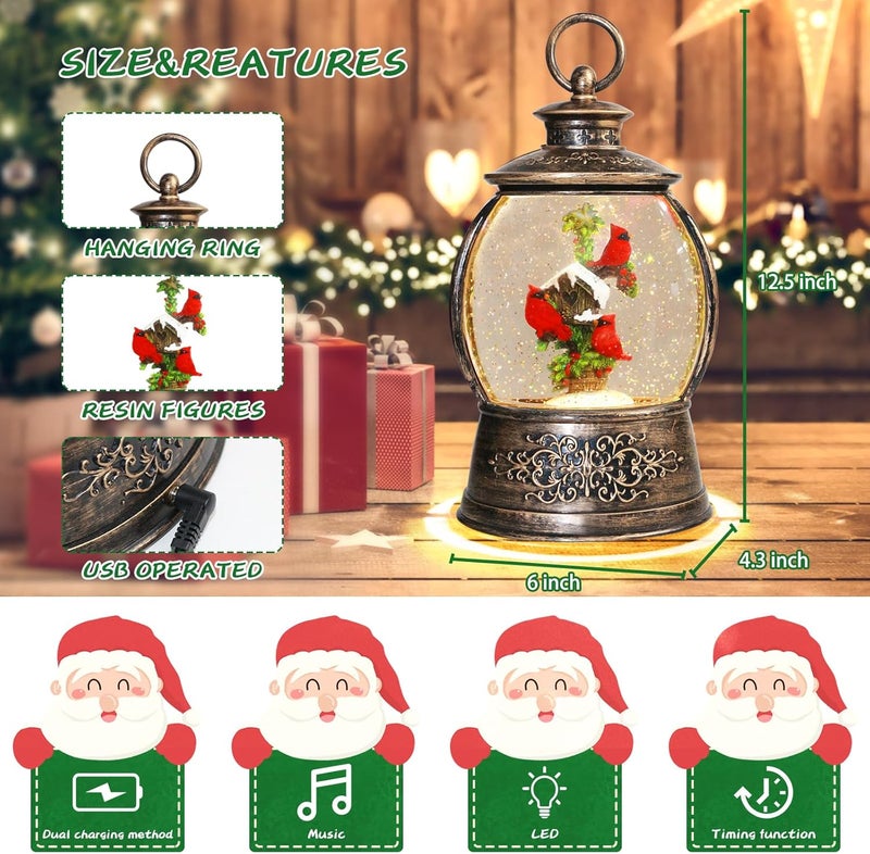 Aixuler Christmas Cardinal Snow Globe 12.5In High, Musical Snow Globe Lantern Lights with 6 Hour Timer, Retro Style Holiday Glitter Globe for Xmas Home Decoration and Santa Gifts-Red Cardinal - Image 2