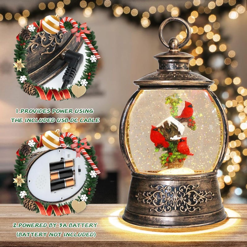 Aixuler Christmas Cardinal Snow Globe 12.5In High, Musical Snow Globe Lantern Lights with 6 Hour Timer, Retro Style Holiday Glitter Globe for Xmas Home Decoration and Santa Gifts-Red Cardinal - Image 3