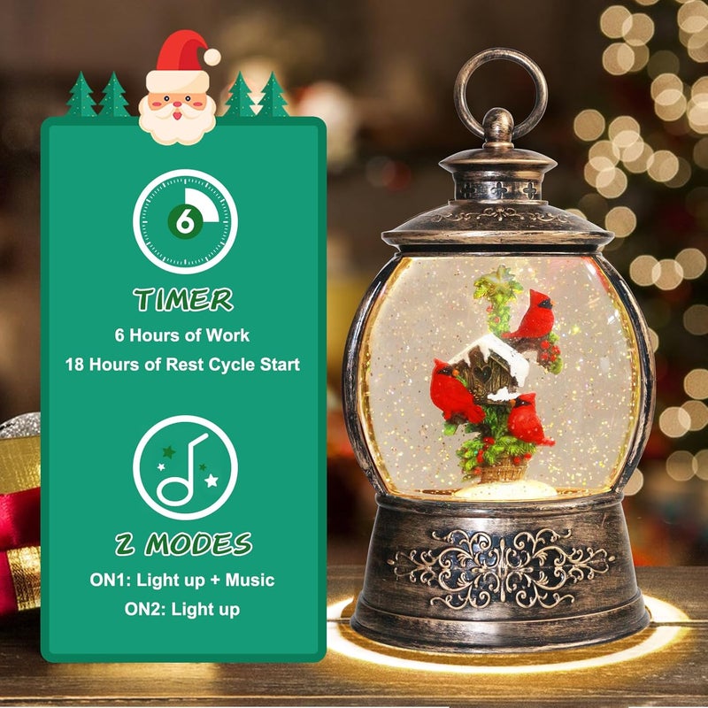 Aixuler Christmas Cardinal Snow Globe 12.5In High, Musical Snow Globe Lantern Lights with 6 Hour Timer, Retro Style Holiday Glitter Globe for Xmas Home Decoration and Santa Gifts-Red Cardinal - Image 4