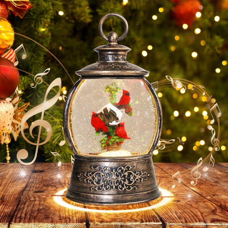 Aixuler Christmas Cardinal Snow Globe 12.5In High, Musical Snow Globe Lantern Lights with 6 Hour Timer, Retro Style Holiday Glitter Globe for Xmas Home Decoration and Santa Gifts-Red Cardinal - Image 1