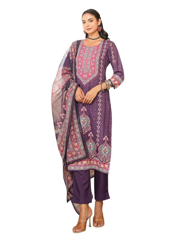 Vaamsi Women's Purple Rayon Printed Straight Kurta Pants With Dupatta Set | Festive Straight Kurta Set For Women | Printed Salwar Suit For Women (SKSKD3051, 4XL) - Image 1