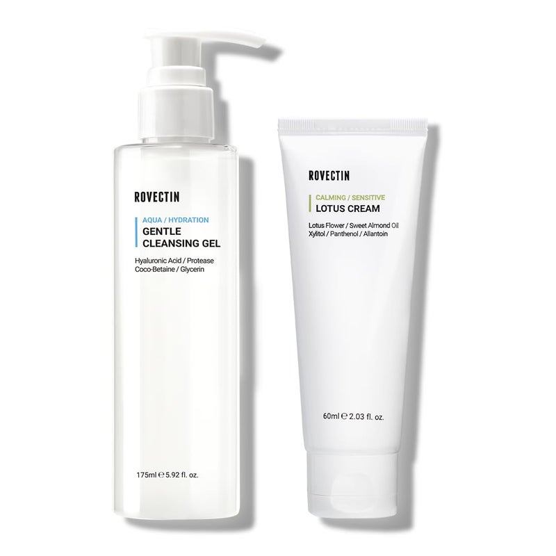 ROVECTIN Calming Lotus Water Cream (2.1 fl.oz) Moisturizer + Aqua Cleansing Gel (5.9 fl. oz) pH Balanced Facial Wash | Vegan Korean Skincare Bundle [2 Pack]