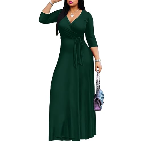 FANDEE Women's 2026 Maxi Dress - Solid Color Bohemian Summer Long Maxi Dress V-Neck 3/4 Sleeve Green S - Image 2