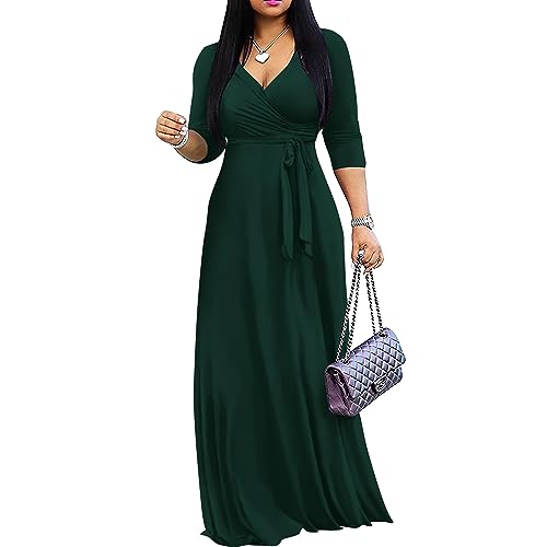 FANDEE Women's 2026 Maxi Dress - Solid Color Bohemian Summer Long Maxi Dress V-Neck 3/4 Sleeve Green S - Image 1