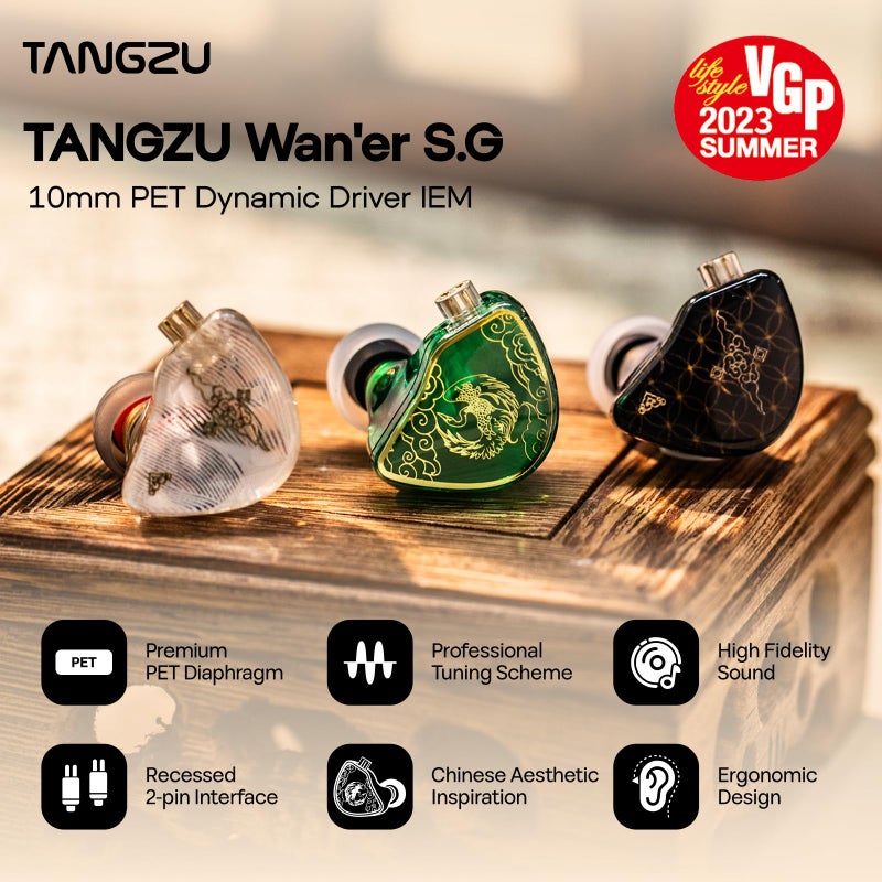 Linsoul TANGZU Wanâ€™er S.G HiFi 10mm Dynamic Driver PET Diaphragm in-Ear Earphone with Ergonomic Shape, Detachable Recessed 2Pin OFC Braided Cable for Audiophile Musician DJ Stage(Black, Without Mic) - Image 2
