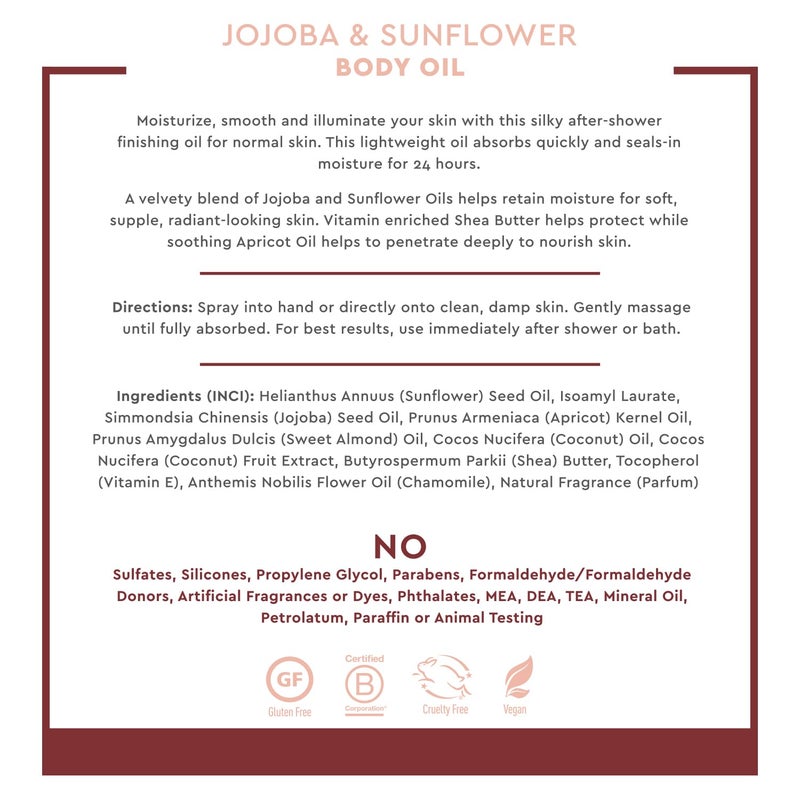Desert Essence, Jojoba & Sunflower Body Oil Spray, 8.28 fl. oz. - Gluten-Free, Vegan, Cruelty Free - 24hour Moisture, Soothes Skin, Perfect for Sensitive Skin, Illuminating Body Spray - Image 3