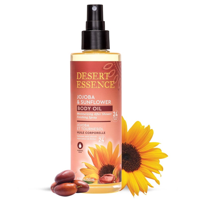 Desert Essence, Jojoba & Sunflower Body Oil Spray, 8.28 fl. oz. - Gluten-Free, Vegan, Cruelty Free - 24hour Moisture, Soothes Skin, Perfect for Sensitive Skin, Illuminating Body Spray - Image 1