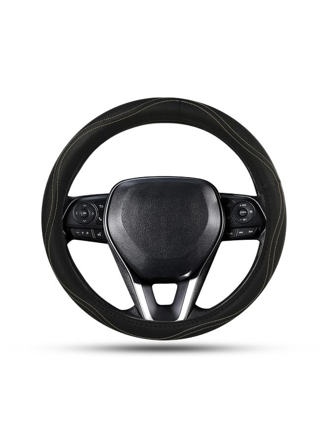 MOB Universal Car Black Steering Wheel Cover Medium Size 37–38cm – Genuine Leather, Anti-Slip Grip, Breathable, Soft Padding, Wear-Resistant, Easy to Install, Fits Round Steering Wheels SW322 - Image 1