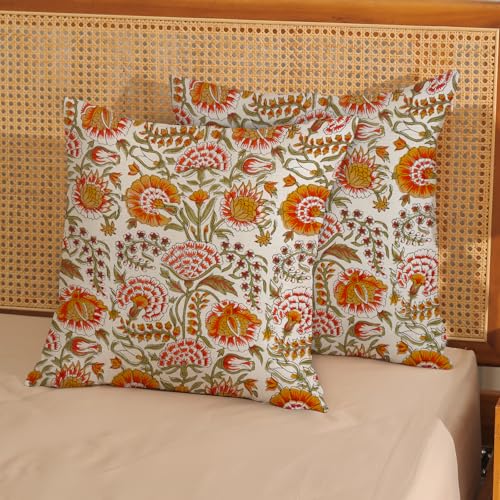 DAFENA Boho Pillow Covers 18x18 Inch 2 Pcs Fall Burnt Orange Yellow Green Vintage Floral Decor Throw Pillows Spring Flower Summer Outdoor Farmhouse Decoration Pillowcase Cushion Cover for Couch Sofa - Image 2