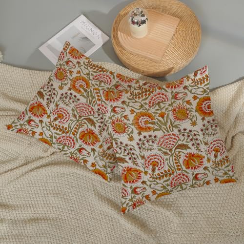 DAFENA Boho Pillow Covers 18x18 Inch 2 Pcs Fall Burnt Orange Yellow Green Vintage Floral Decor Throw Pillows Spring Flower Summer Outdoor Farmhouse Decoration Pillowcase Cushion Cover for Couch Sofa - Image 5