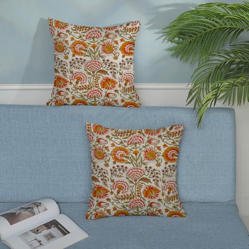 DAFENA Boho Pillow Covers 18x18 Inch 2 Pcs Fall Burnt Orange Yellow Green Vintage Floral Decor Throw Pillows Spring Flower Summer Outdoor Farmhouse Decoration Pillowcase Cushion Cover for Couch Sofa - Image 3