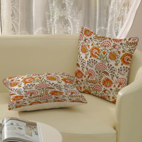 DAFENA Boho Pillow Covers 18x18 Inch 2 Pcs Fall Burnt Orange Yellow Green Vintage Floral Decor Throw Pillows Spring Flower Summer Outdoor Farmhouse Decoration Pillowcase Cushion Cover for Couch Sofa - Image 4