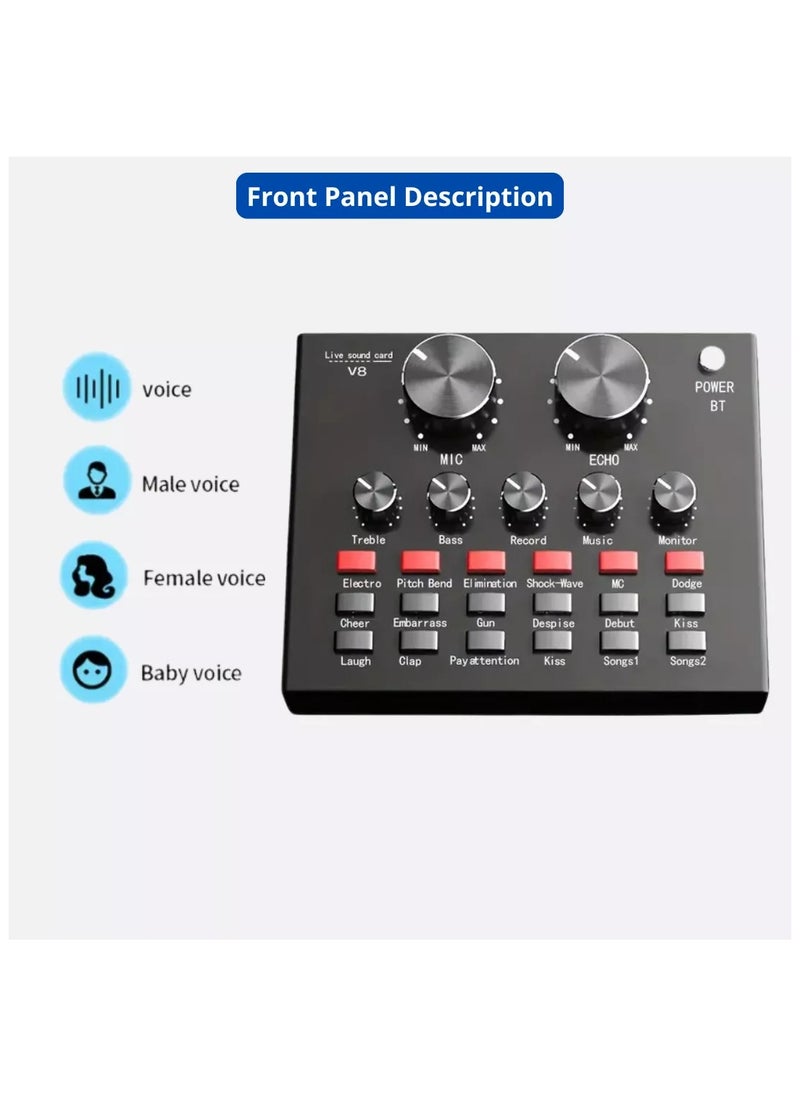 Generic V8 Podcast Live Sound Card, Multiple Sound Effects Voice Changing Mini Sound Mixer Board for Live Streaming Home KTV Singing  - Image 5