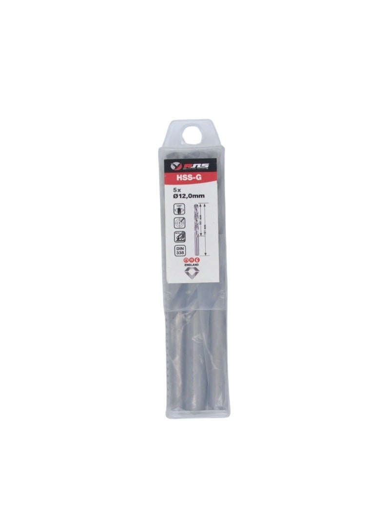 RNS HSS-G TWIST DRILL BIT 12.00 MM RNS, Pack of 5 Ground Flute High Speed Steel Drill Bit for Mild Steel, Alloy Steel and Workshop Use - Image 1