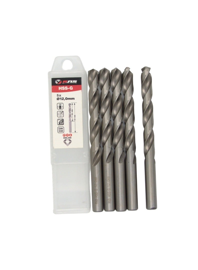 RNS HSS-G TWIST DRILL BIT 12.00 MM RNS, Pack of 5 Ground Flute High Speed Steel Drill Bit for Mild Steel, Alloy Steel and Workshop Use - Image 2