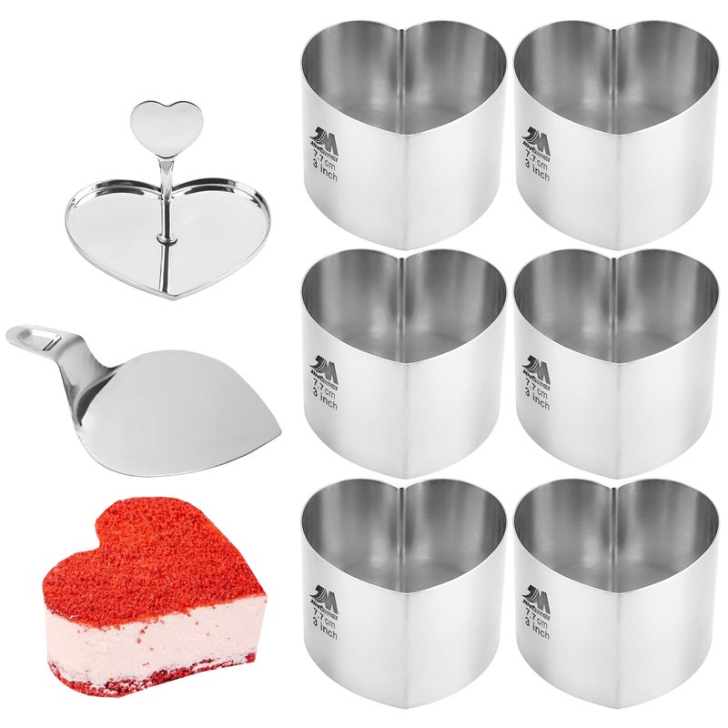 M JINGMEI 6 Pack Heart-Shaped Cake Ring Molds, Seamless Stainless Steel Cake Cutter with Pusher & Lifter, 3-Inch Dessert Mousse Rings for Baking (Includes 1 Pusher, 1 Lifter and 6 Rings) - Image 1