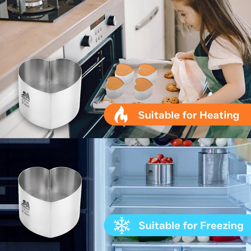 M JINGMEI 6 Pack Heart-Shaped Cake Ring Molds, Seamless Stainless Steel Cake Cutter with Pusher & Lifter, 3-Inch Dessert Mousse Rings for Baking (Includes 1 Pusher, 1 Lifter and 6 Rings) - Image 3