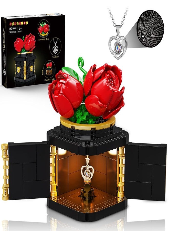 HOGOKIDS Flower Box Building Set with LED Light & Necklace, Preserved Roses with Heart Necklace I Love You Gift for Her Mom Wife Girlfriend on Birthday Valentines Mothers Day Anniversary(312 PCS) - Image 1