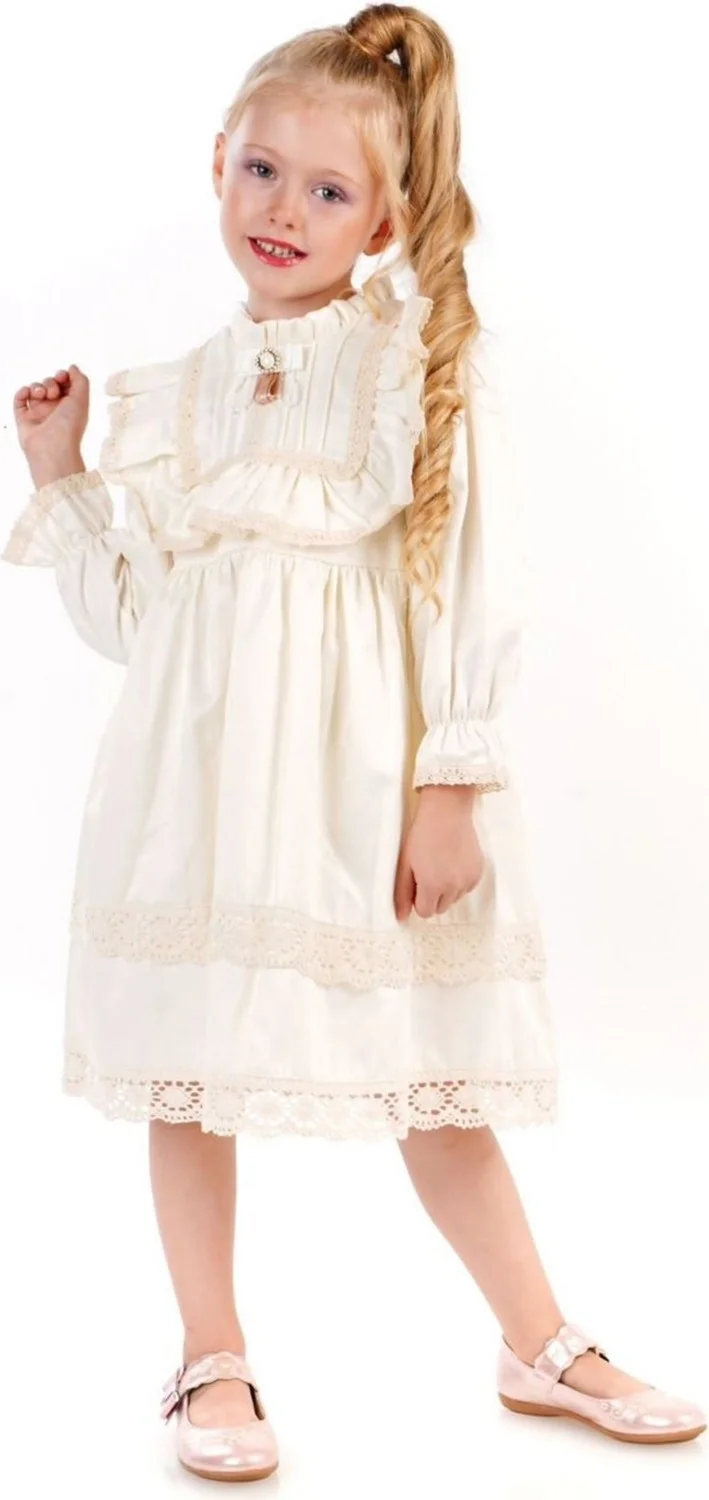 Miniğimin Cicileri My Little Ones Laced Scalloped Bow Vitange Girl's Dress - Cream
