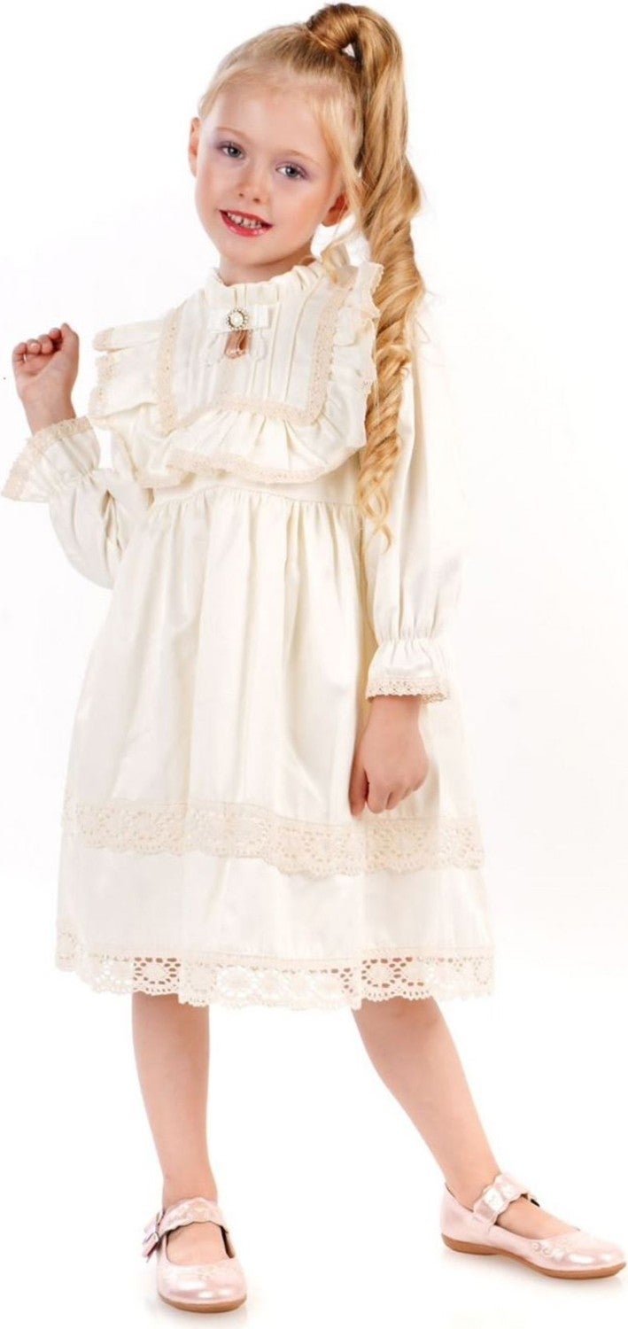 Miniğimin Cicileri My Little Ones Laced Scalloped Bow Vitange Girl's Dress - Cream