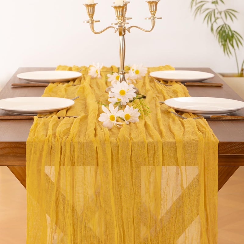 Socomi 10pcs Gold Yellow Cheesecloth Table Runner Boho Rustic Gauze 120 inch 10FT Cheese Cloth Sheer Runner for Wedding Party Baby Shower Birthday Home Decor Holiday Decorations - Image 5