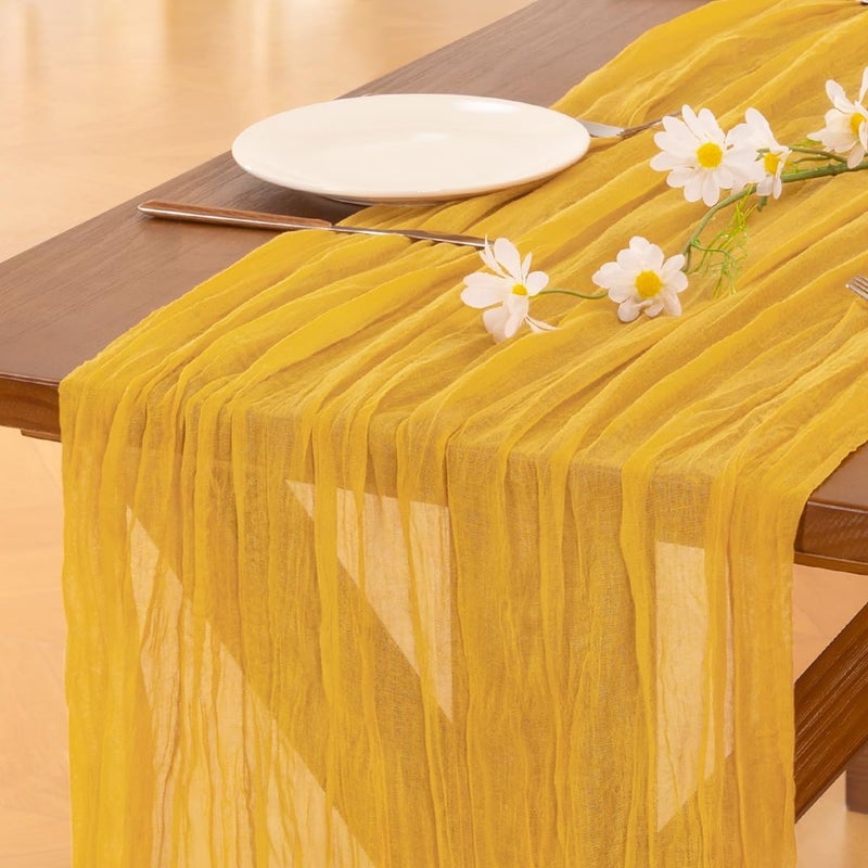 Socomi 10pcs Gold Yellow Cheesecloth Table Runner Boho Rustic Gauze 120 inch 10FT Cheese Cloth Sheer Runner for Wedding Party Baby Shower Birthday Home Decor Holiday Decorations - Image 1