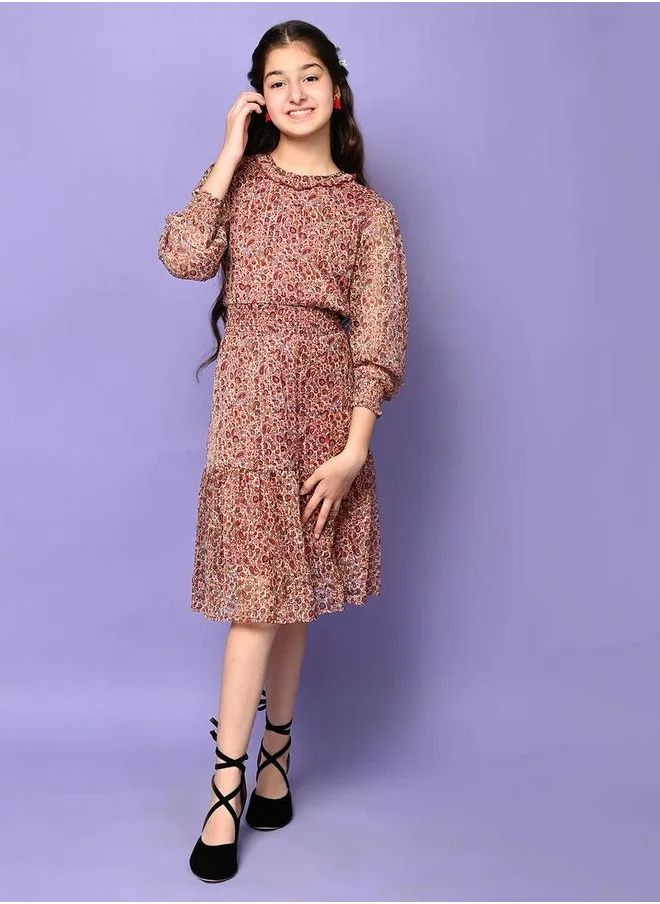 ليلك Floral Print Smocked Detail A-Line Dress