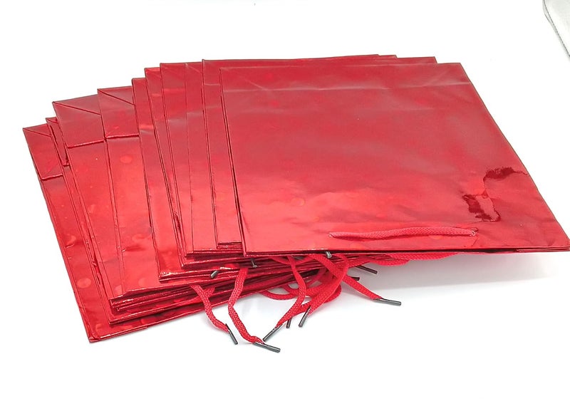 Gold Leaf GOLD LEAF Glitter Paper Bags 12Pcs With Handles,Reusable Iridescent Gift Bags for Baby Shower Gift Bags,Christmas, Party Wrapping Solution(23 x 8 x 27 Cm)(RED)  - Image 3