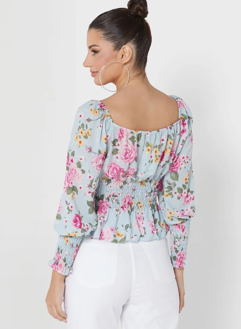 boohoo Tie Detail Floral Print Shirred Top
