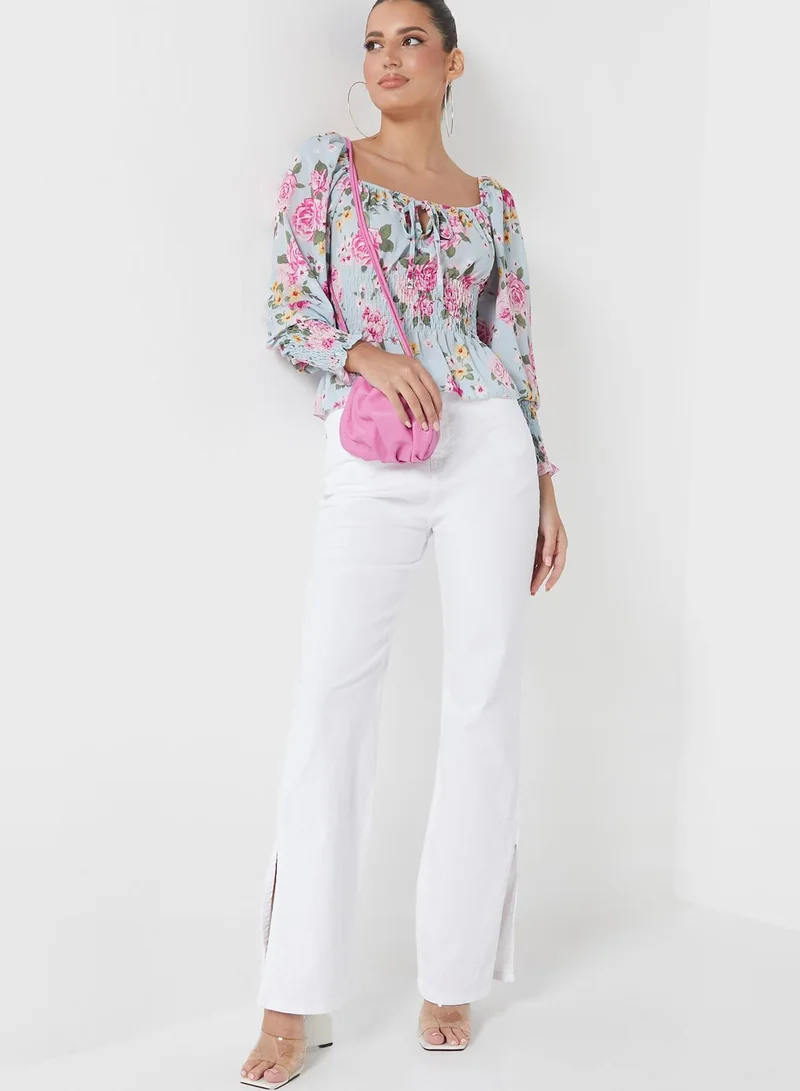 boohoo Tie Detail Floral Print Shirred Top