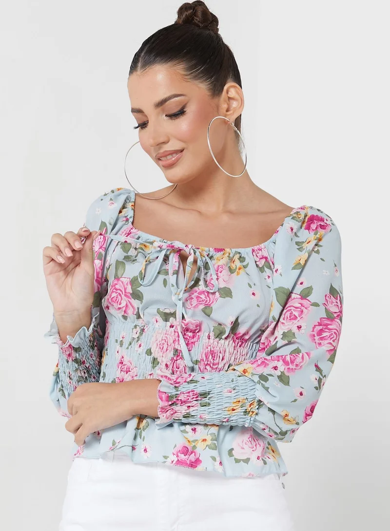 boohoo Tie Detail Floral Print Shirred Top