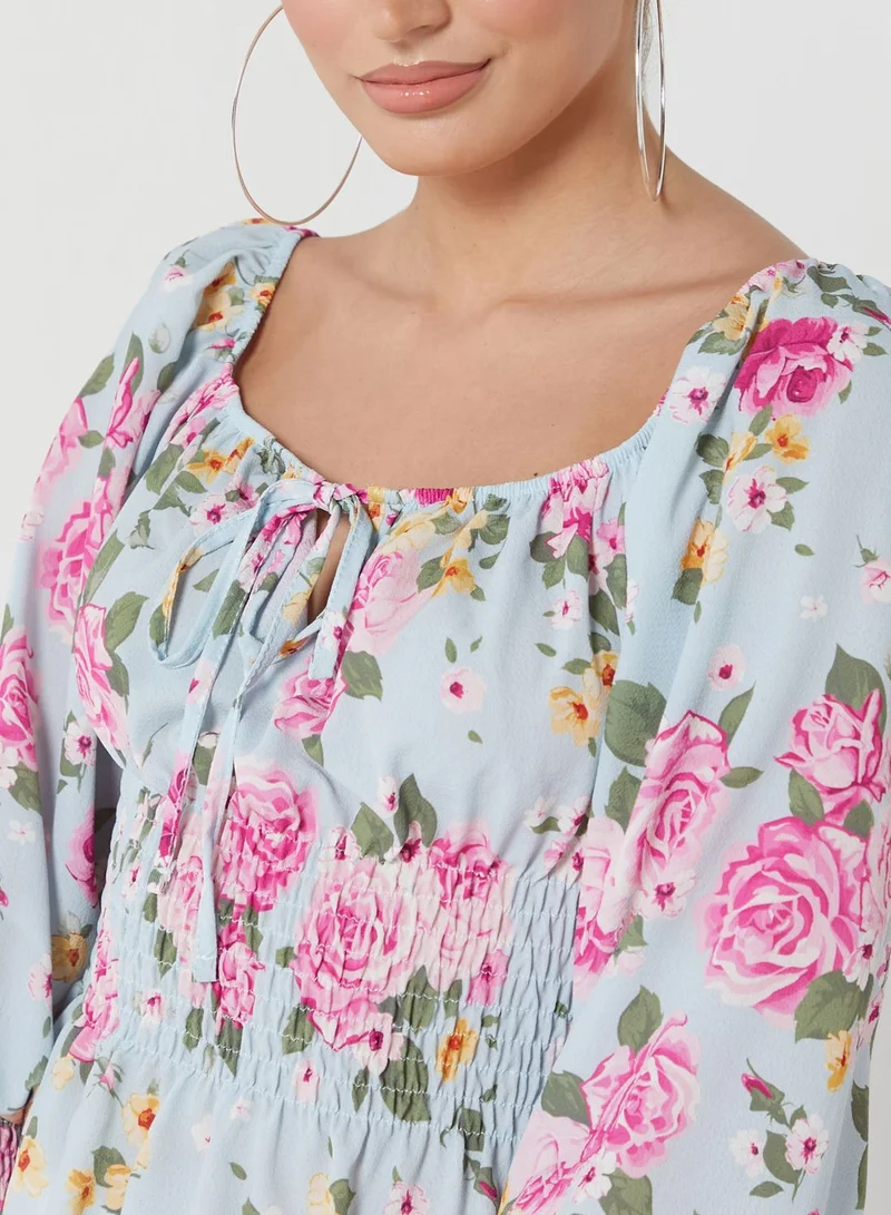 boohoo Tie Detail Floral Print Shirred Top