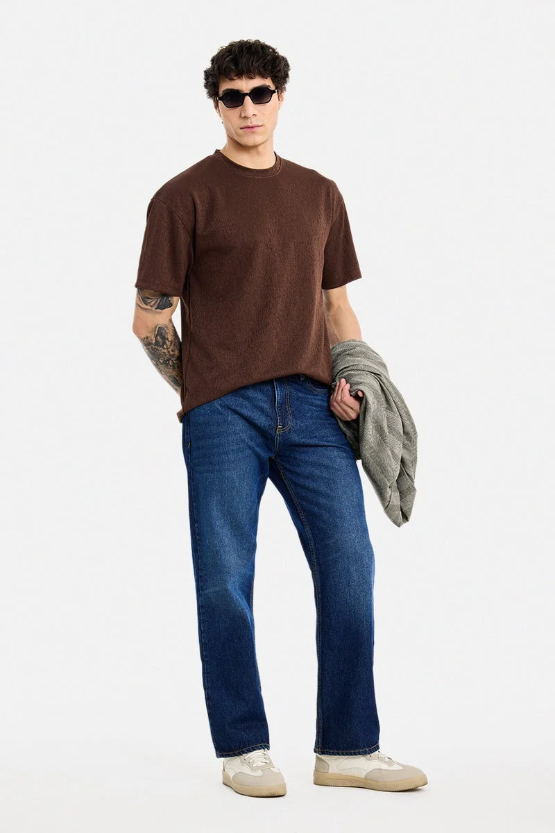 سنيتش Brown Textured Half Sleeve Oversized T-Shirt