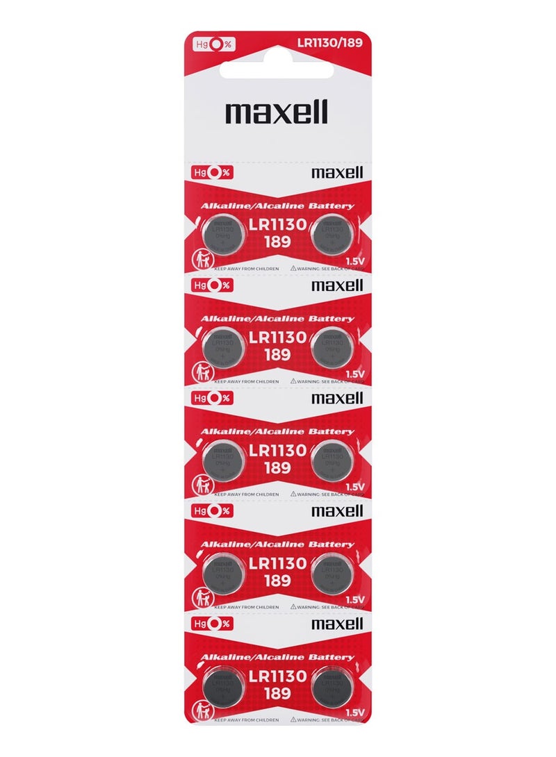 Maxell LR1130 Battery, Pack of 10 Alkaline Coin Battery - Image 1