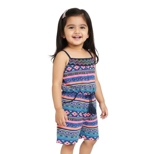 Nautinati Girls Printed Strap Sleeve Jumpsuit with Waist Tie Up | Rayon | Age 0-3 Years - Image 1