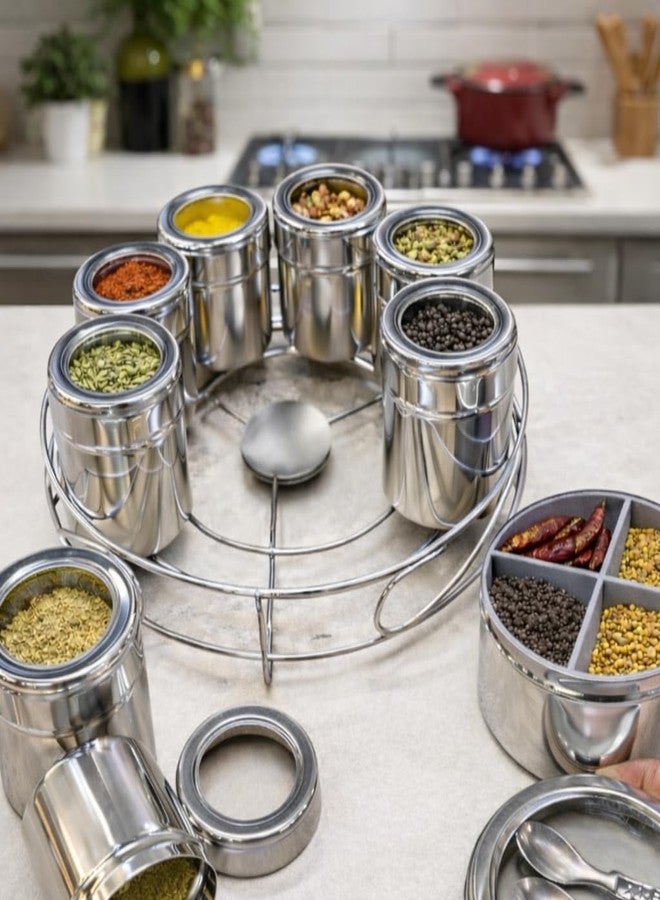 VISAXMI Stainless Steel Masala Box 12 in 1 with Stand | Premium Steel Spice Organizer | Spice Box with 8 Containers + 4 Section Middle Container, 4 Spoon | Masala Dabba for Kitchen Storage (Silver) - Image 5