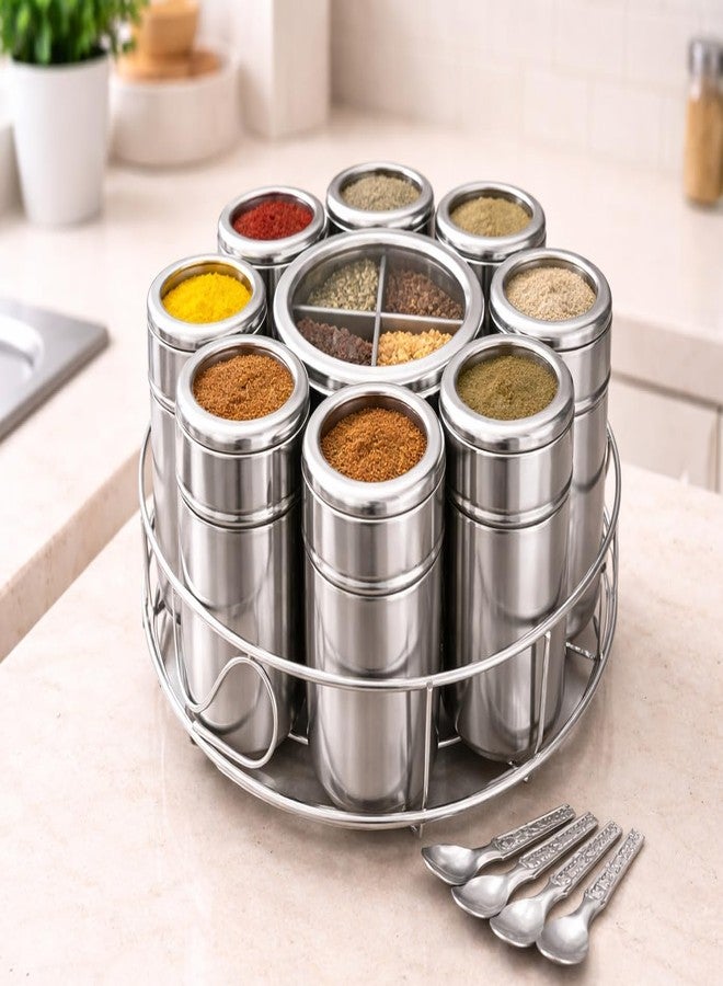 VISAXMI Stainless Steel Masala Box 12 in 1 with Stand | Premium Steel Spice Organizer | Spice Box with 8 Containers + 4 Section Middle Container, 4 Spoon | Masala Dabba for Kitchen Storage (Silver) - Image 4