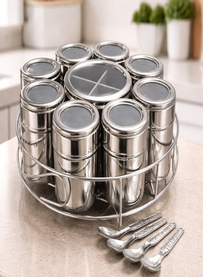 VISAXMI Stainless Steel Masala Box 12 in 1 with Stand | Premium Steel Spice Organizer | Spice Box with 8 Containers + 4 Section Middle Container, 4 Spoon | Masala Dabba for Kitchen Storage (Silver) - Image 1