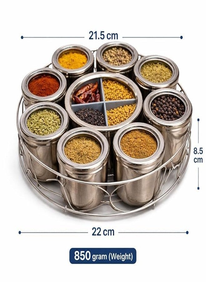 VISAXMI Stainless Steel Masala Box 12 in 1 with Stand | Premium Steel Spice Organizer | Spice Box with 8 Containers + 4 Section Middle Container, 4 Spoon | Masala Dabba for Kitchen Storage (Silver) - Image 2
