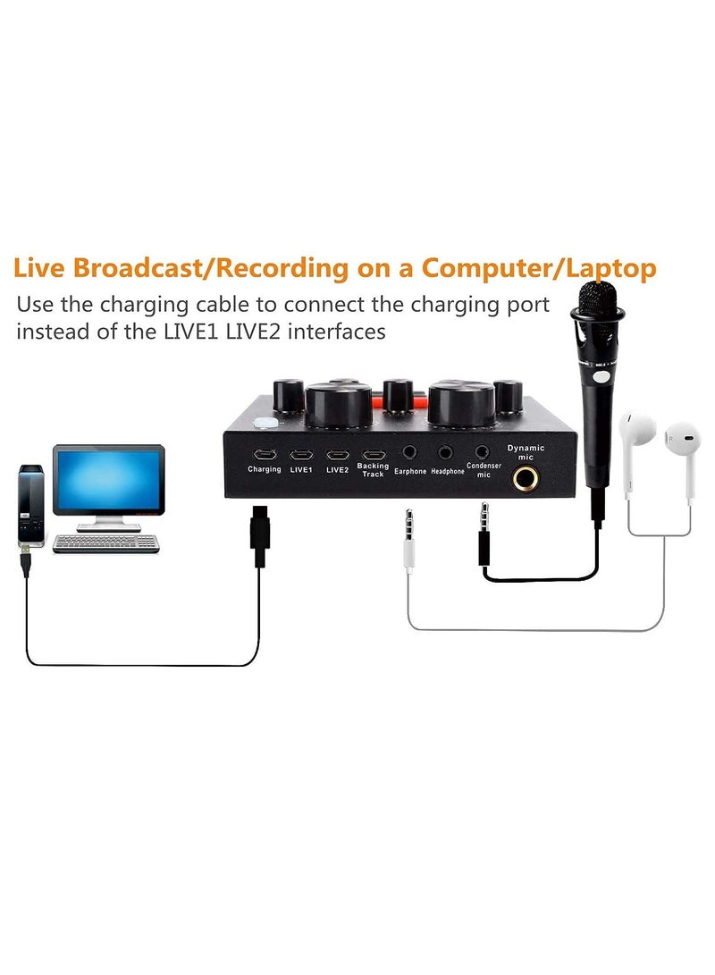 جوميلا V8-Live Sound Card, Audio Mixer USB External Sound Card Headset Microphone Live Sound Card Karaoke for Double Cell Phone Live Computer PC Live Recording Home KTV Voice Chat - Image 2