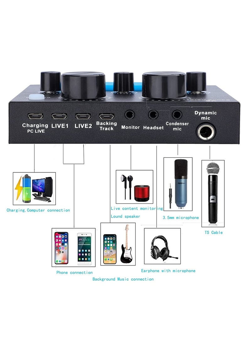 جوميلا V8-Live Sound Card, Audio Mixer USB External Sound Card Headset Microphone Live Sound Card Karaoke for Double Cell Phone Live Computer PC Live Recording Home KTV Voice Chat - Image 4