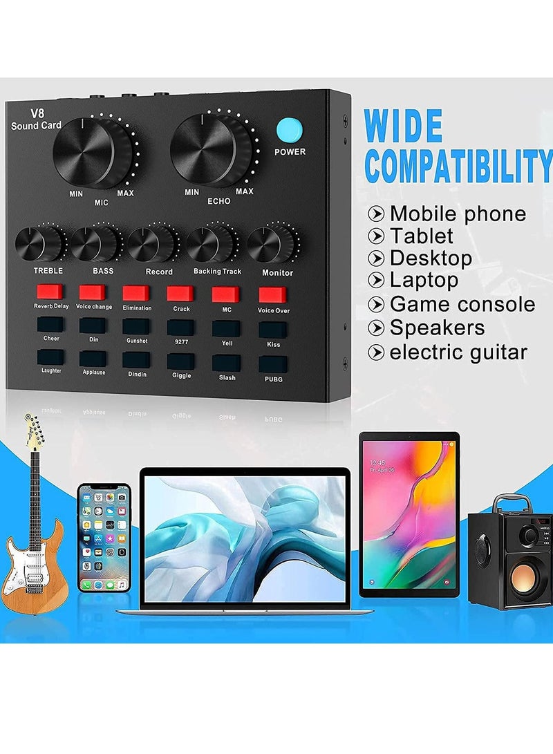 جوميلا V8-Live Sound Card, Audio Mixer USB External Sound Card Headset Microphone Live Sound Card Karaoke for Double Cell Phone Live Computer PC Live Recording Home KTV Voice Chat - Image 5