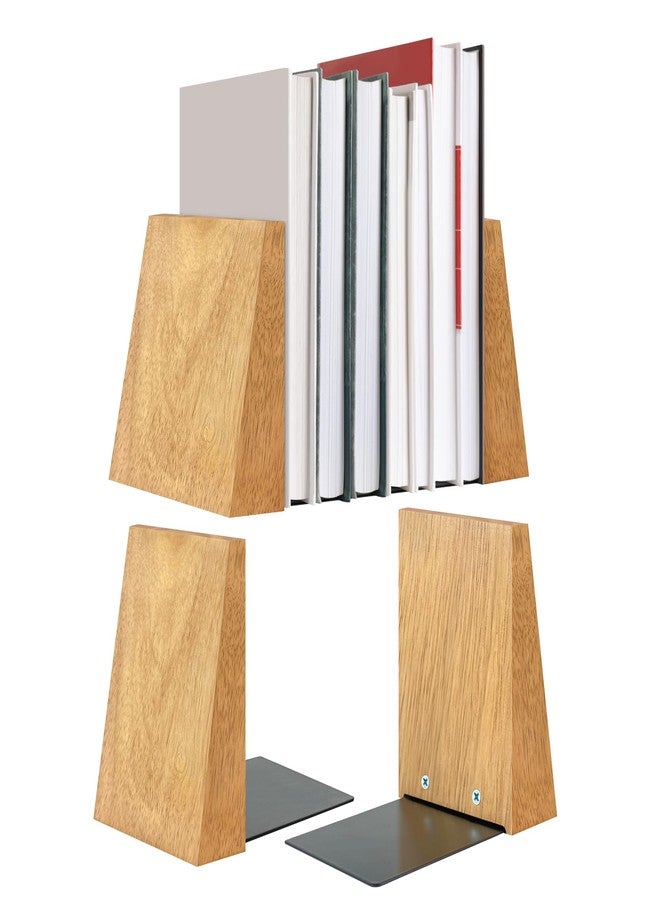 ILOT Book Ends for Office Accessories - 2 Pairs Handmade 100% Solid Wood Decorative Bookends with Metal Base - Heavy Duty Non-Skid Shelf Organizer for Books - Image 1