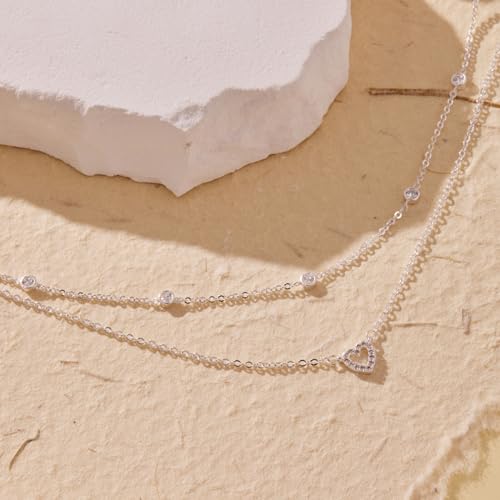 Poxtex Heart Necklaces for Women Girls, Dainty 14K Silver Plated Necklace Cute Tiny Diamond Stacked Heart Choker Pendant Charm Jewelry Gifts for Birthday Valentine's Day Christma Graduation - Image 3
