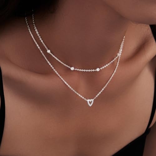 Poxtex Heart Necklaces for Women Girls, Dainty 14K Silver Plated Necklace Cute Tiny Diamond Stacked Heart Choker Pendant Charm Jewelry Gifts for Birthday Valentine's Day Christma Graduation - Image 2